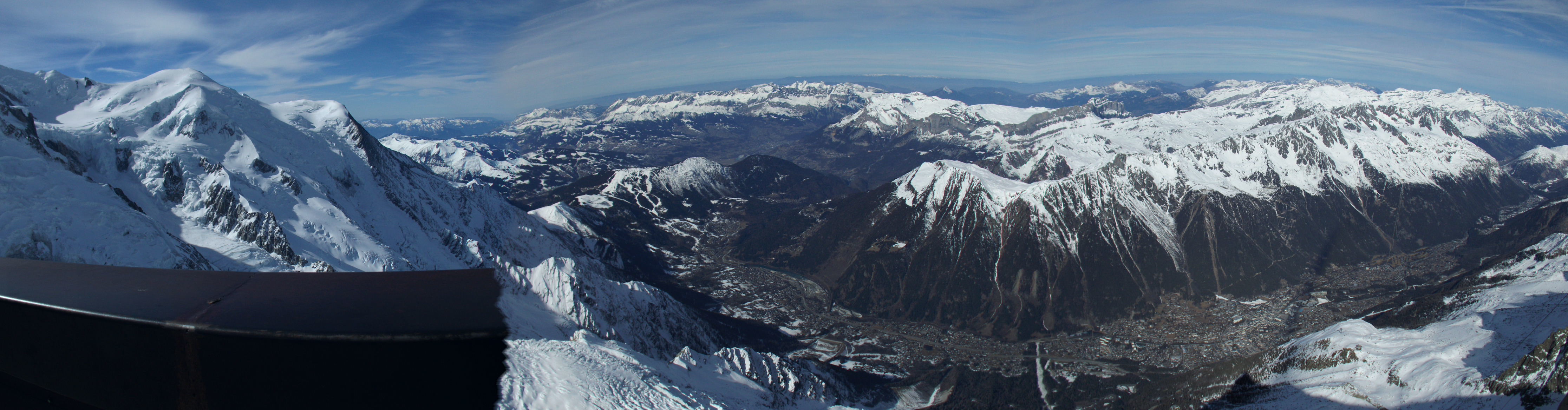 Winter panorama of the Chamonix valley from Aiguille du Midi